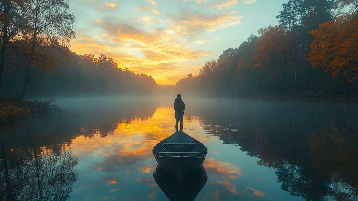 Eine Person, die an einem stillen See steht und ein Papierboot loslässt, als Symbol des Loslassens.