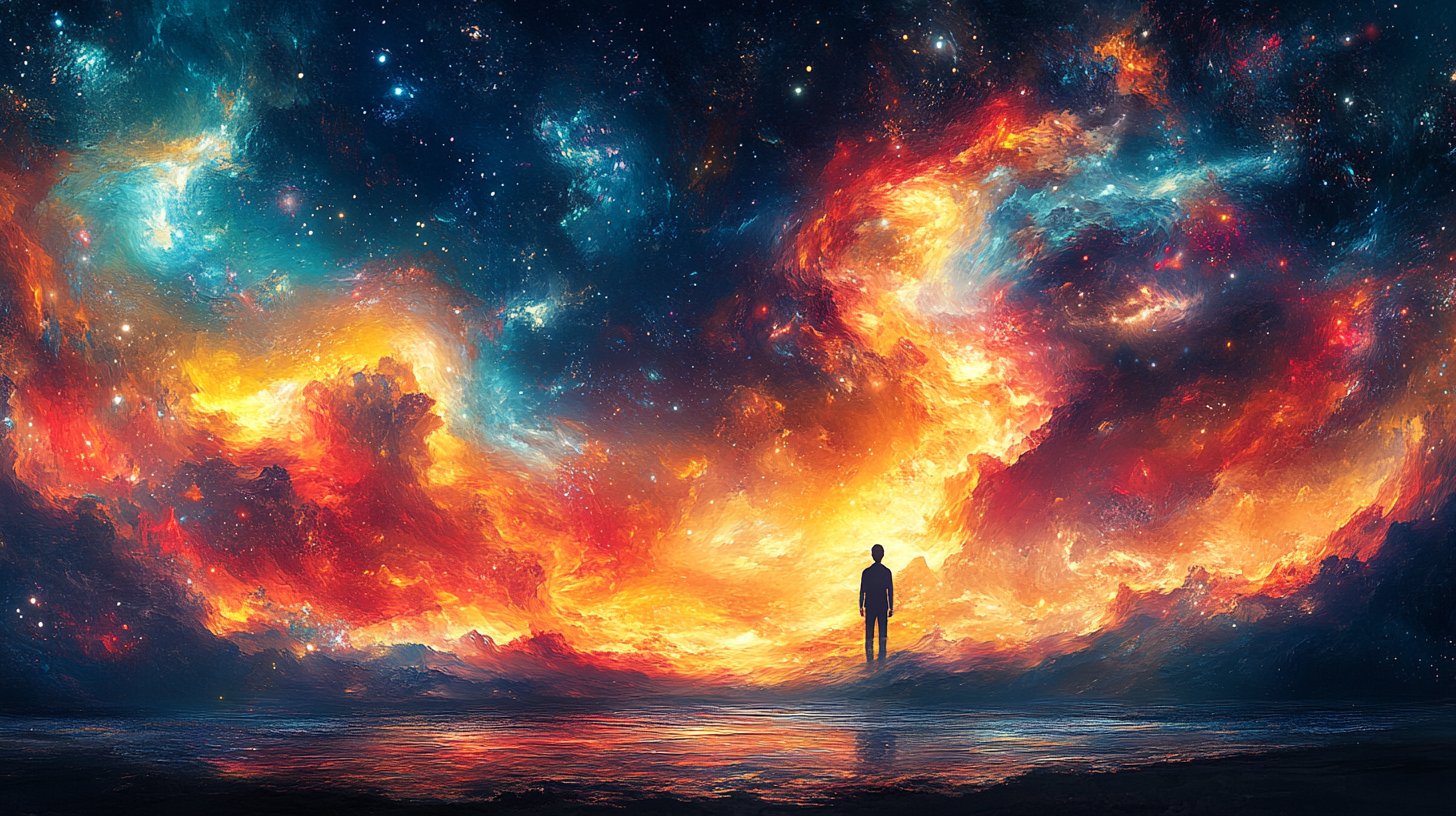 Farbexplosion kreativer Elemente strömt aus dem Geist einer Person.