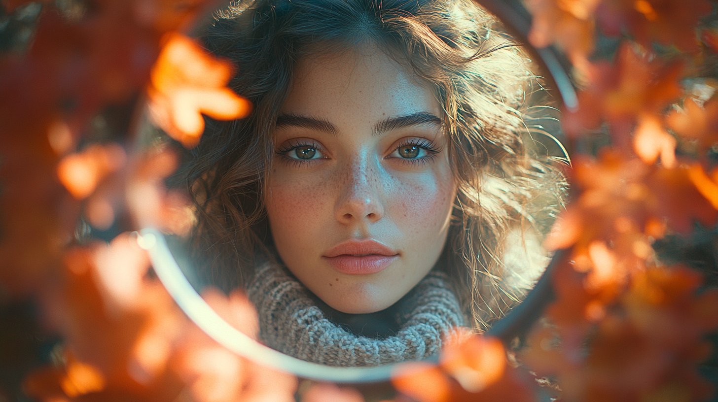 Eine Person schaut in den Spiegel, umgeben von der Natur.