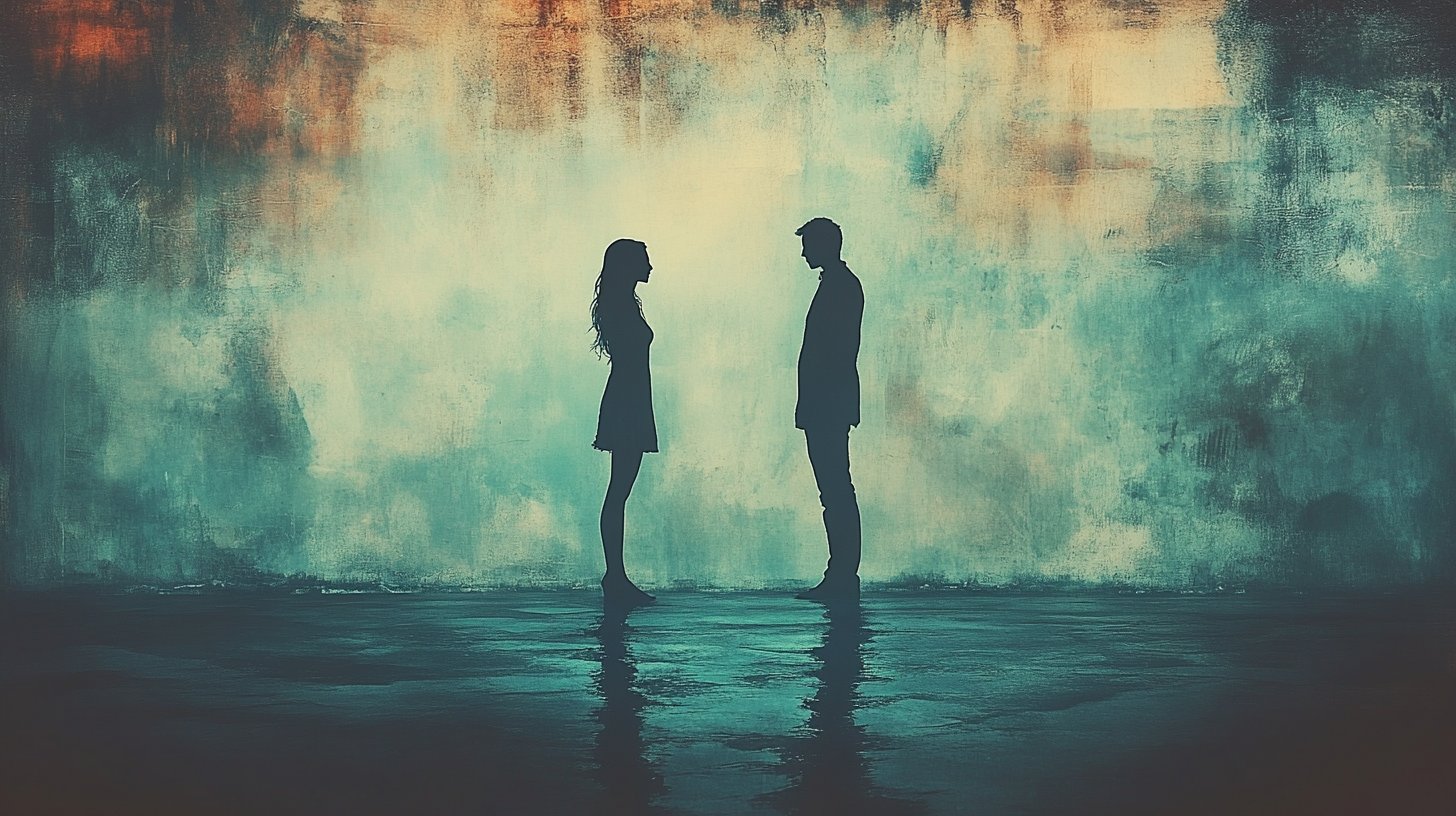 Zwei Figuren stehen mit dem Rücken zueinander, getrennt durch ein unsichtbares Hindernis.