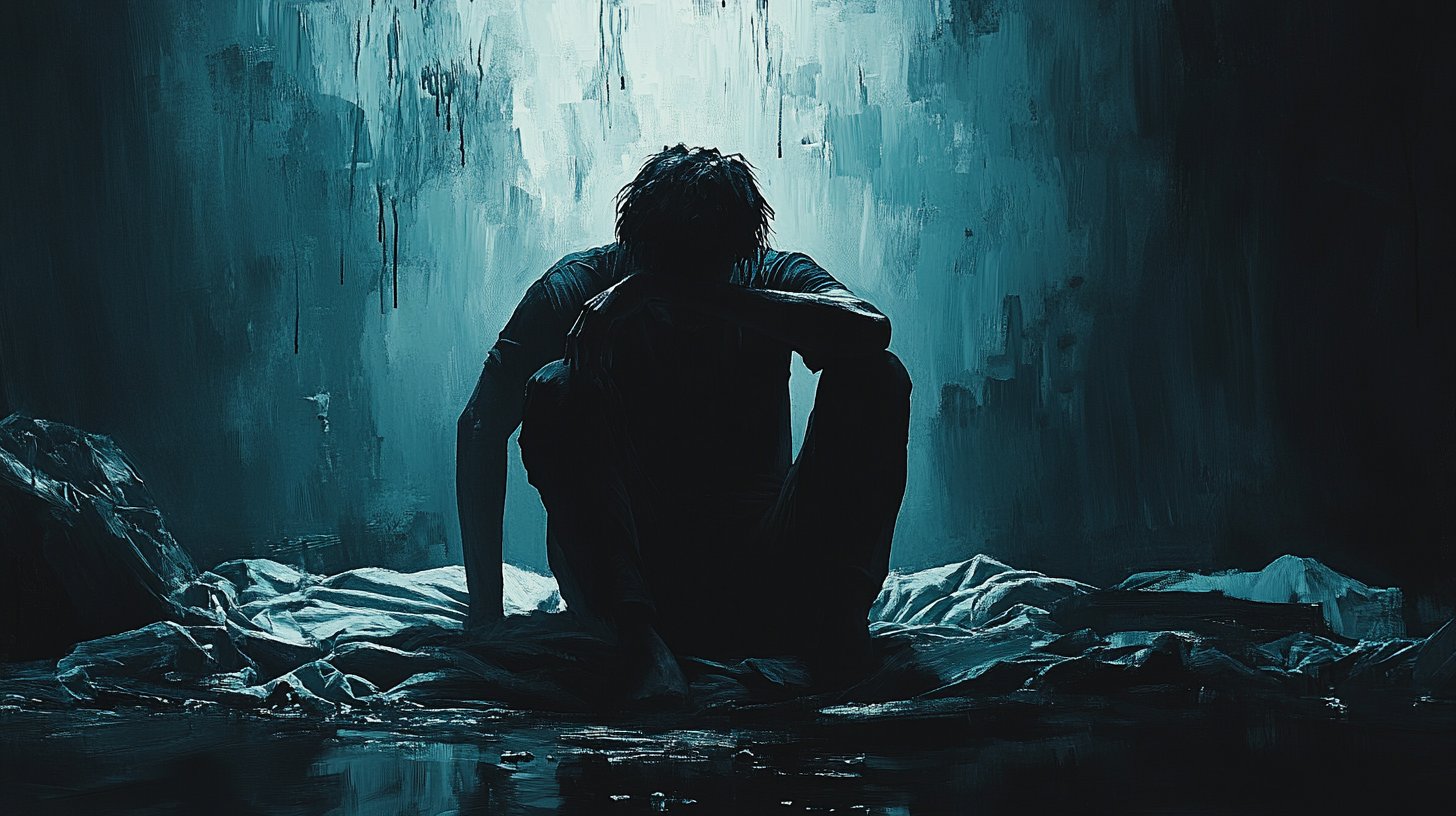 Eine einsame Figur auf einem Bett, die den Kopf in den Händen hält, umgeben von dunklen Farben.