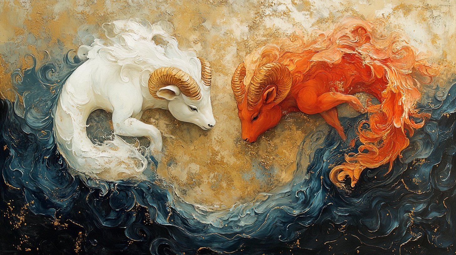 Aries und Pisces in einem lebendigen, gegensätzlichen Tanz der Elemente.