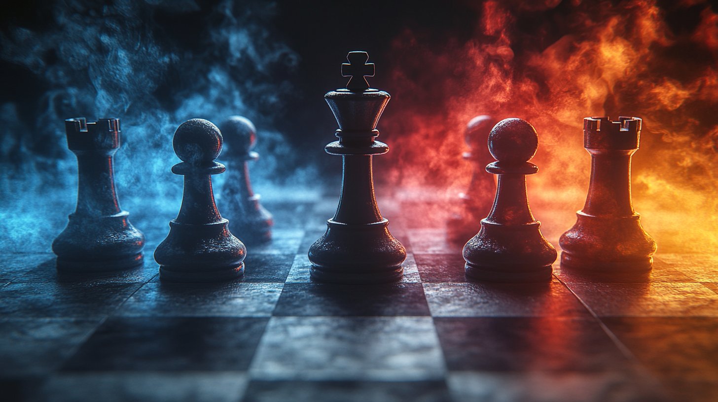 Ein Schachbrett zeigt einen strategischen Konflikt zwischen den Figuren.