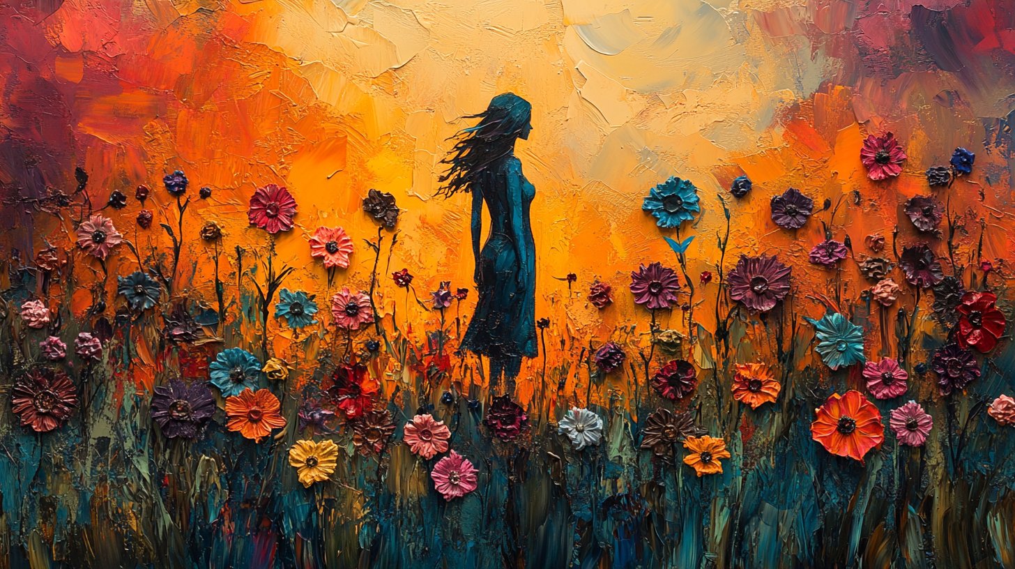 Eine starke Figur steht selbstbewusst in einem Feld voller Blumen.