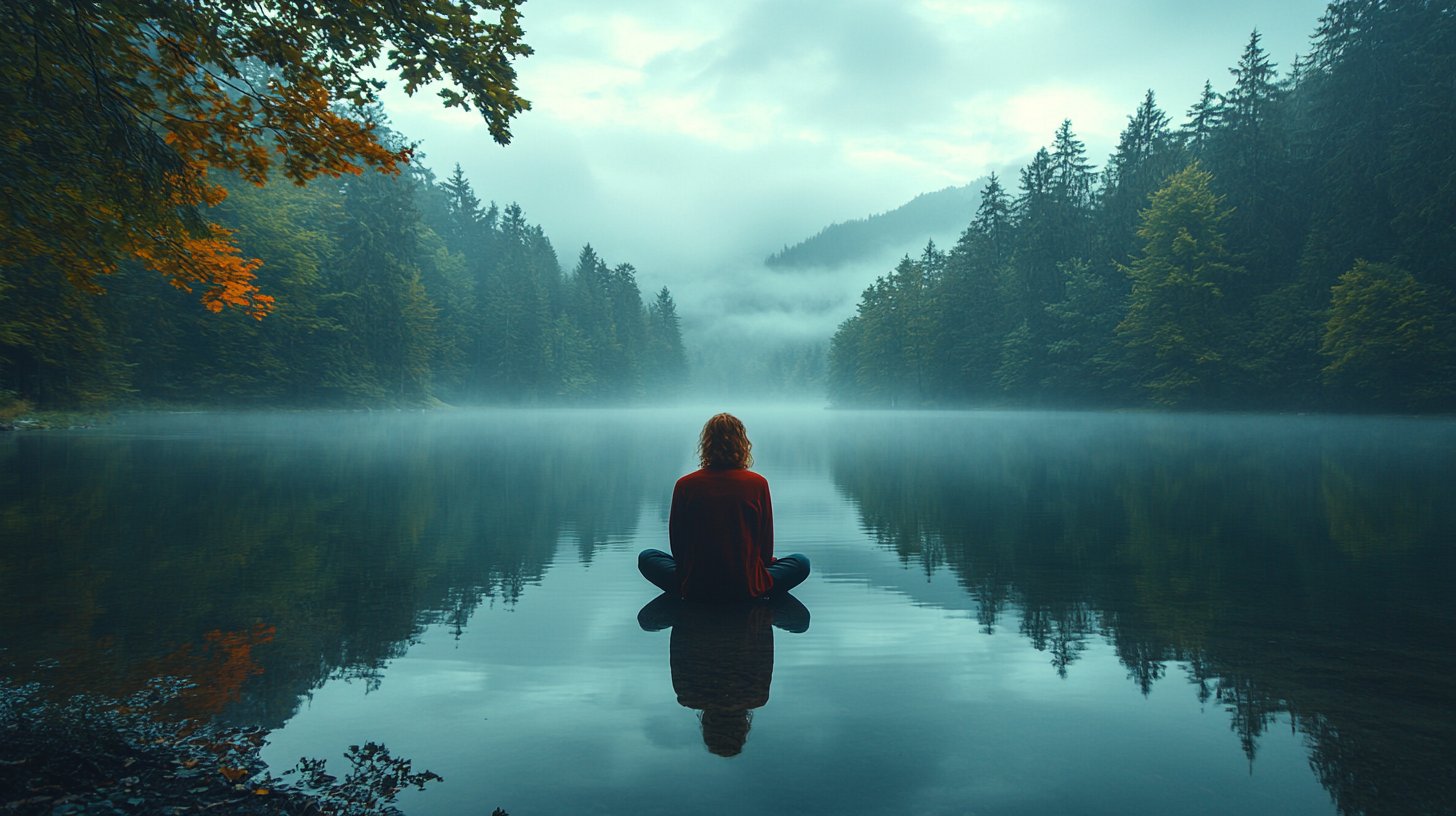 Una persona guarda pensosa il proprio riflesso in un lago tranquillo.