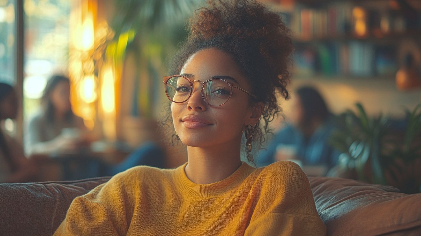 Amici ridono e si sostengono in un caffè accogliente.