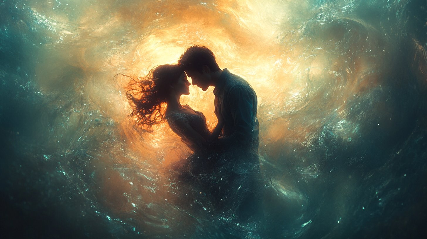 Escena submarina de ensueño con peces y una pareja enamorada.