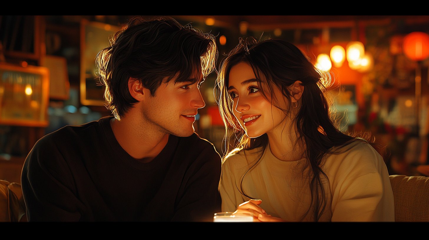 Un couple engage dans une conversation chaleureuse sous une lumière douce.