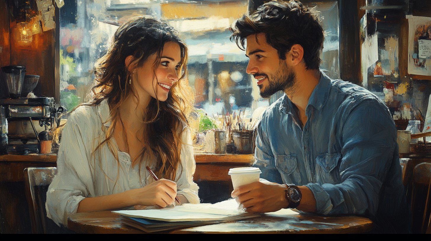 Ein Bild, das ehrliche Kommunikation in einem gemütlichen Café zeigt, voller offener Gesten und Vertrauen.