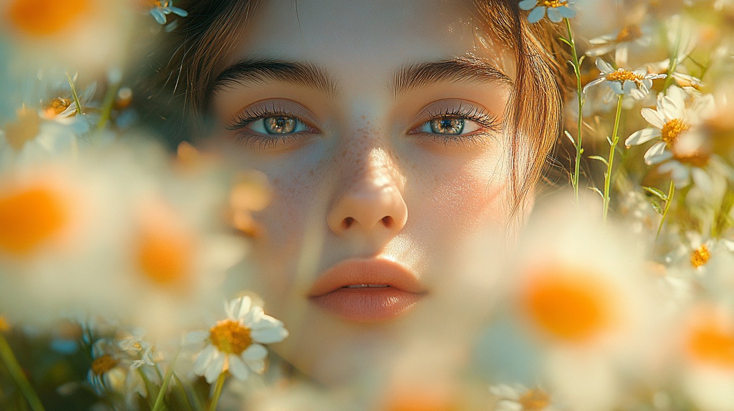 Une personne se regarde dans un miroir entourée de fleurs, reflétant l'amour de soi.