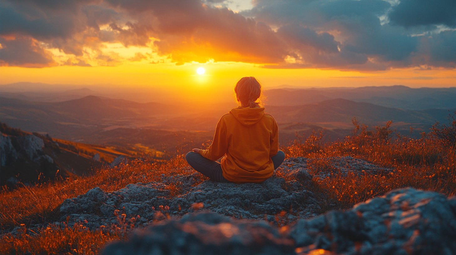 Une personne est assise en tailleur au sommet d'une montagne, regardant dans la distance avec confiance.