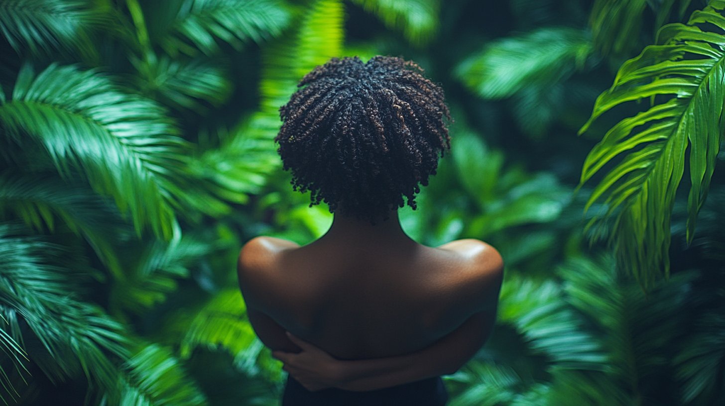 Une personne se tient fièrement au milieu d'une verdure luxuriante, rayonnant de force et d'amour de soi.