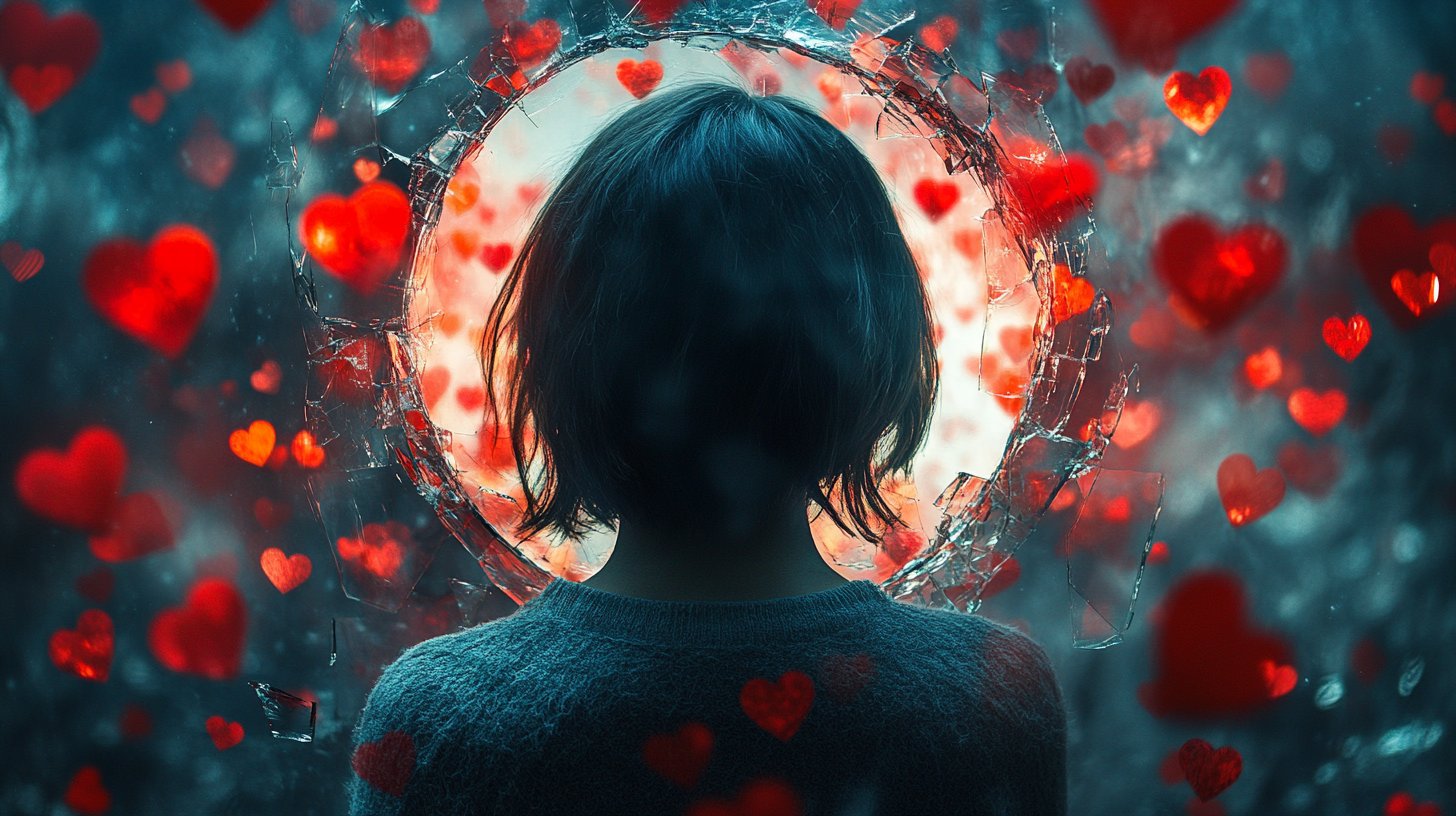Eine Person sieht in einen zerbrochenen Spiegel, der innere Konflikte und Liebe abhängig reflektiert.