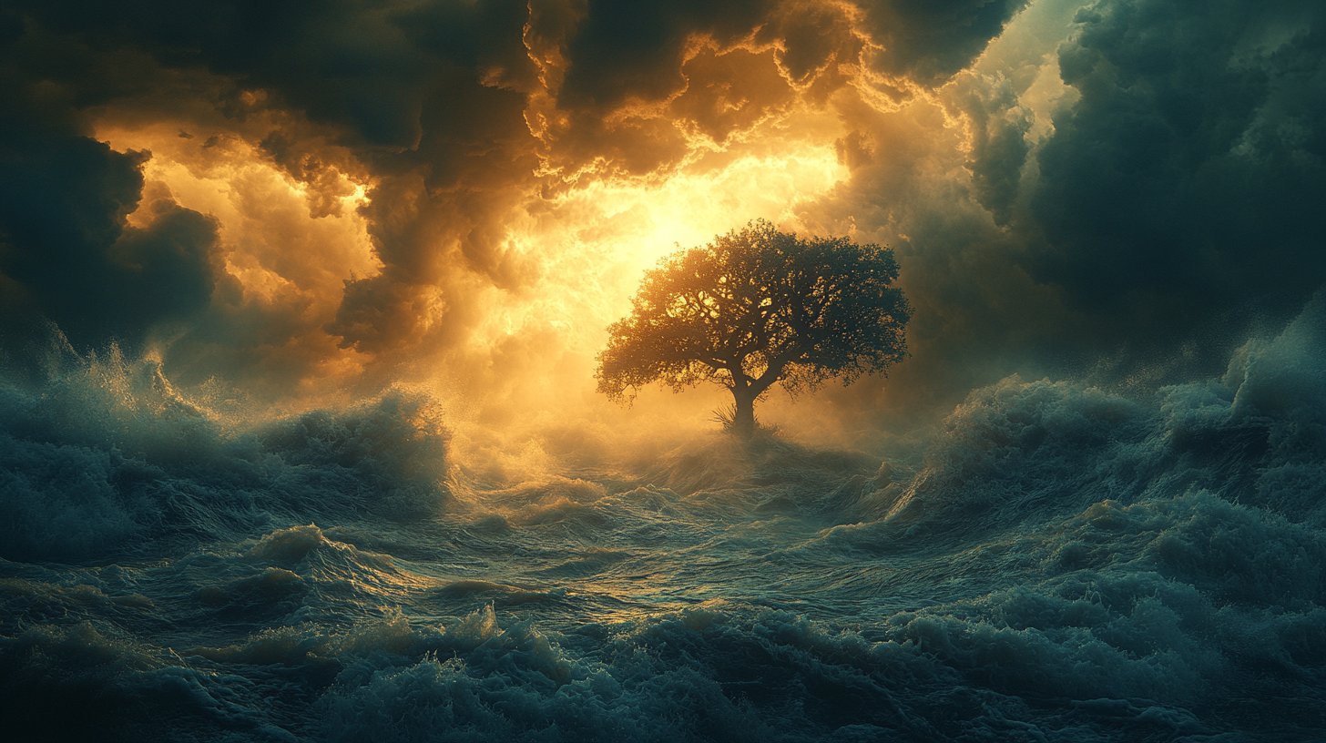 Eine stürmische Landschaft, ein fester Baum symbolisiert Resilienz in emotionaler Instabilität.