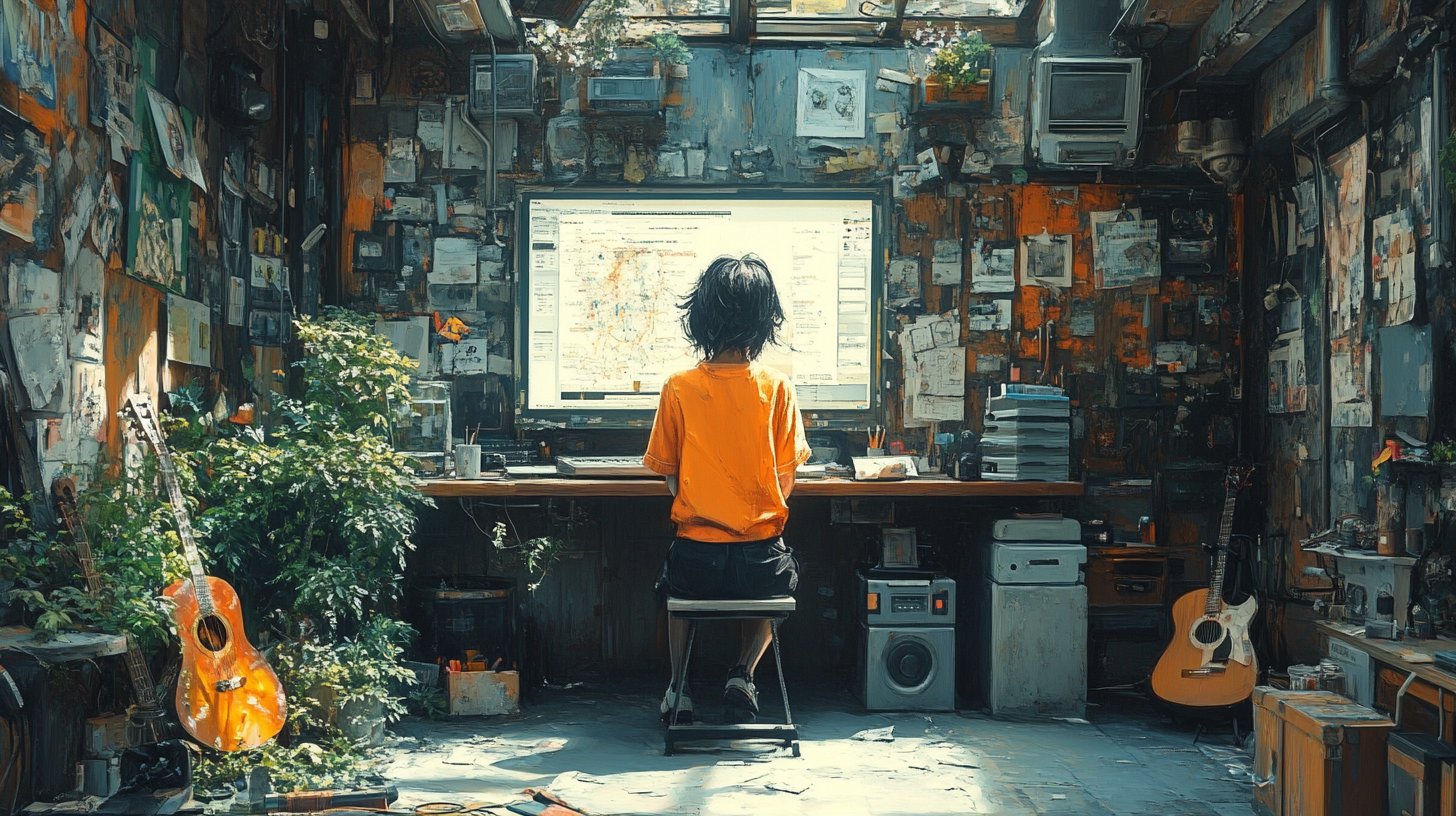 Eine Person an einer Weggabelung, blühende Möglichkeiten im Kontrast zu vernachlässigtem Lebensraum.