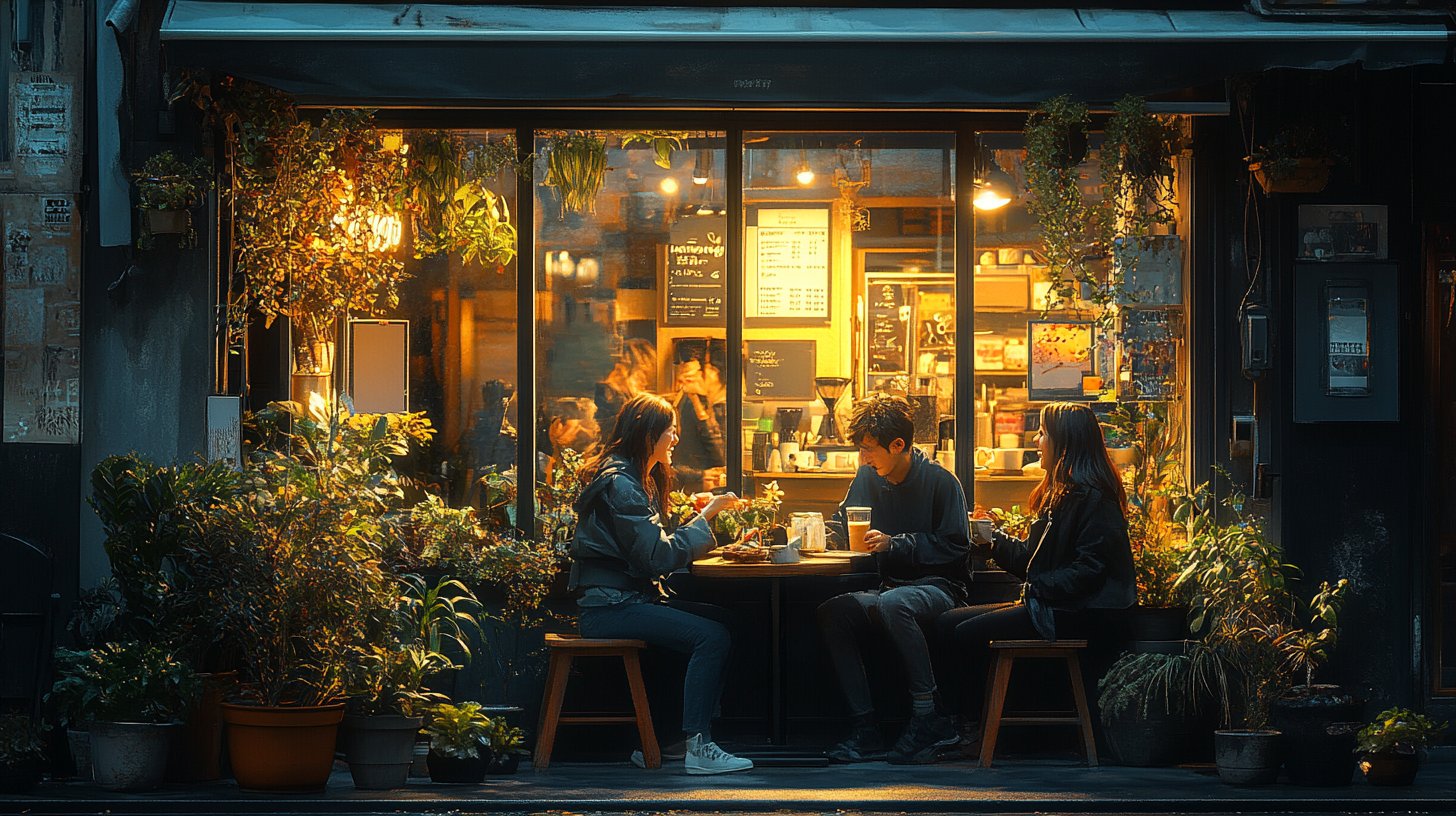 Freunde lachen in einem gemütlichen Café, umgeben von Wärme und Freude.