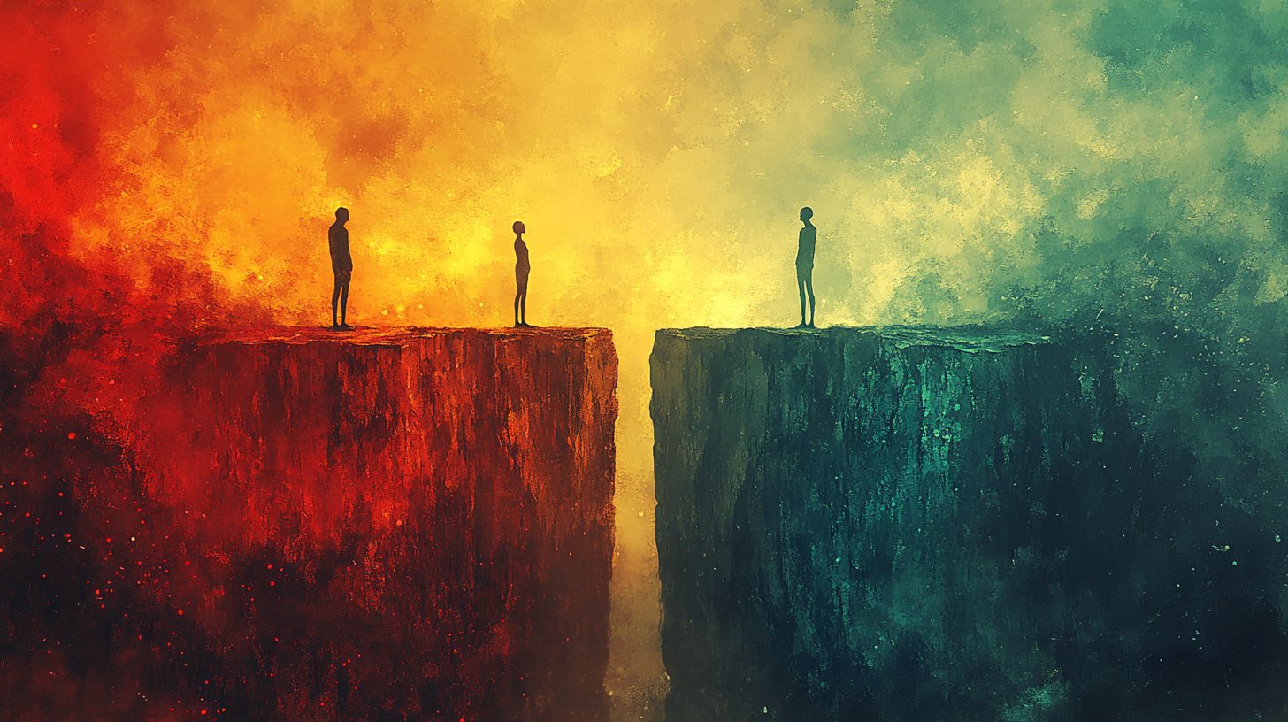 Dos personas están en acantilados opuestos, simbolizando los peligros de la comparación.