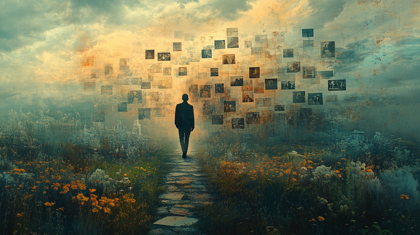 Una persona camina por un sendero serpenteante rodeado de recuerdos desvanecidos.