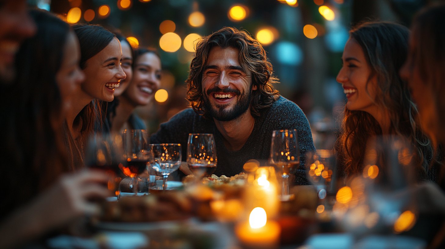 Friends laugh and share stories at the table.