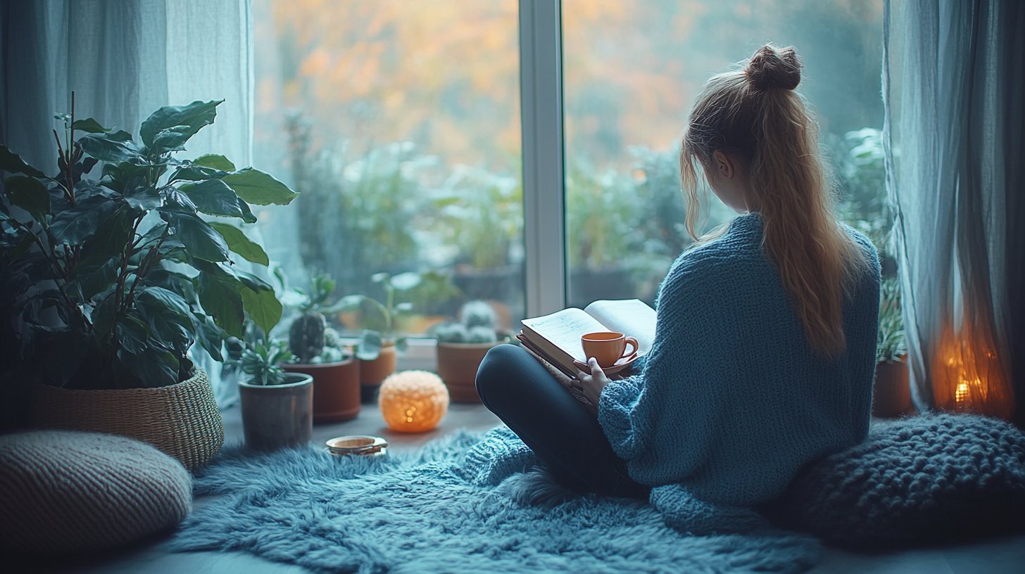 A person peacefully journals with a cup of tea.