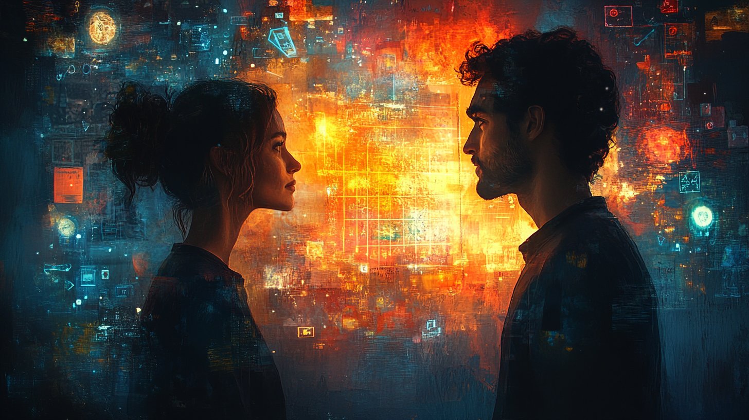 Eine dynamische Szene, in der ein Paar gemeinsam an einem Vision Board arbeitet, voller Hoffnung und Teamgeist.