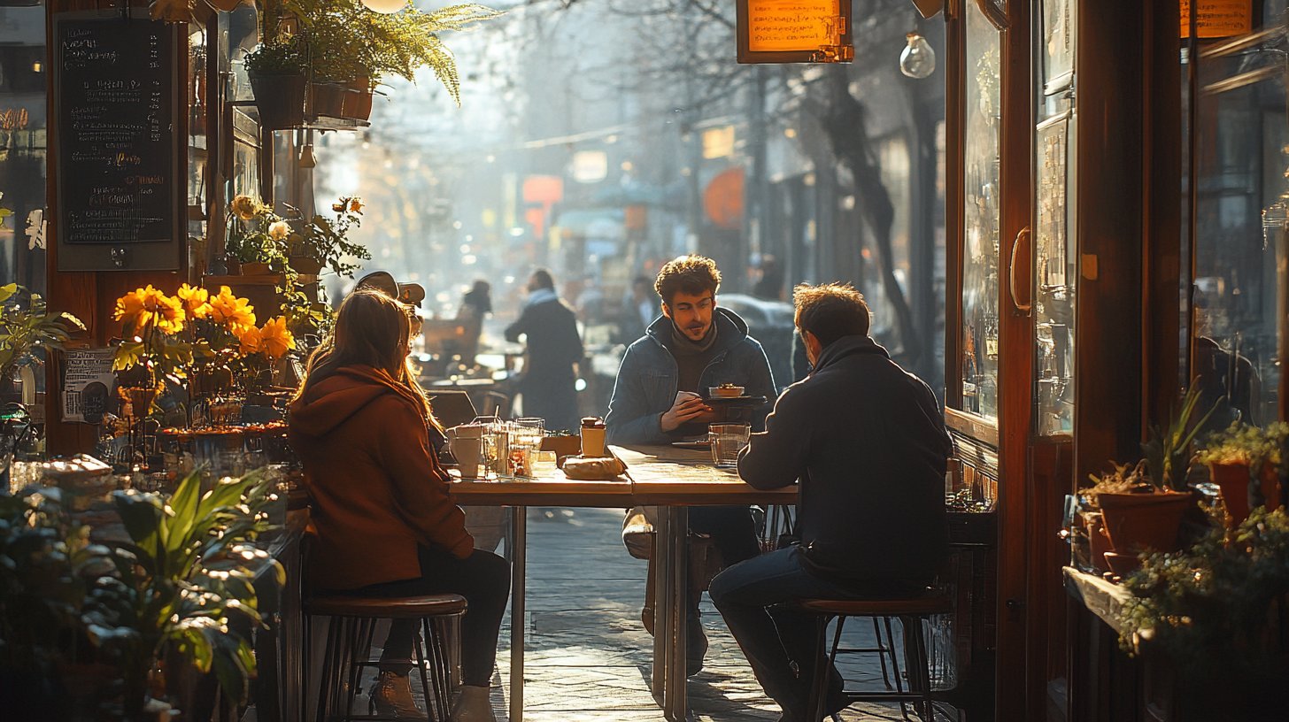 People in proximity with relaxed body language.