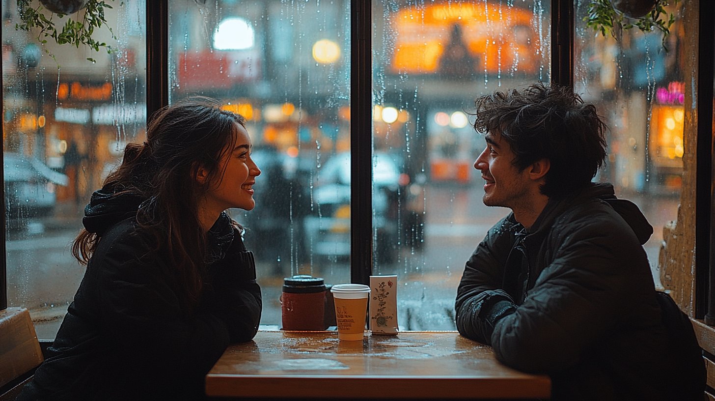 Zwei Personen im Gespräch in einem gemütlichen Café.