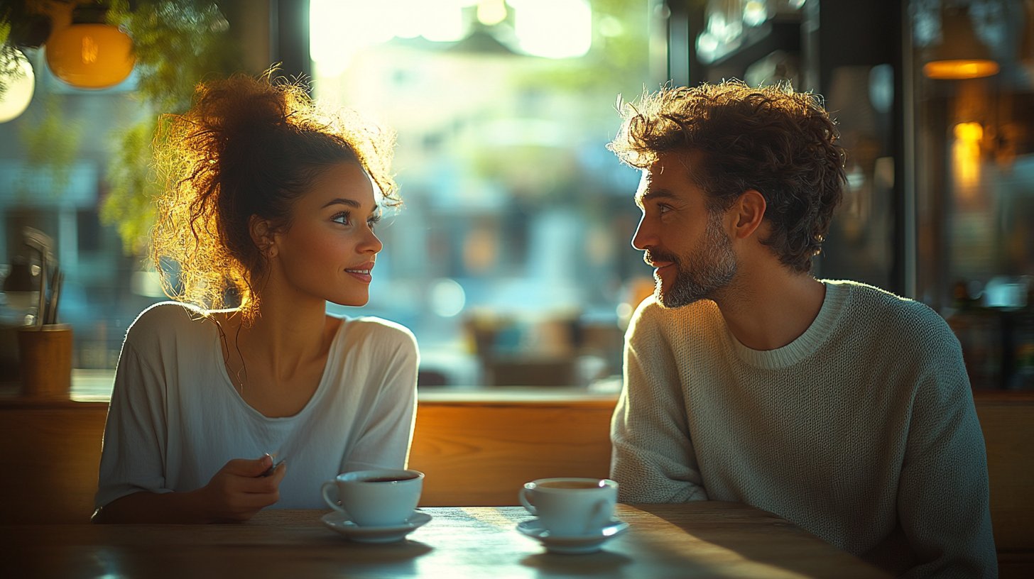 Uno spazio invitante dove due persone condividono una conversazione sincera con caffè.