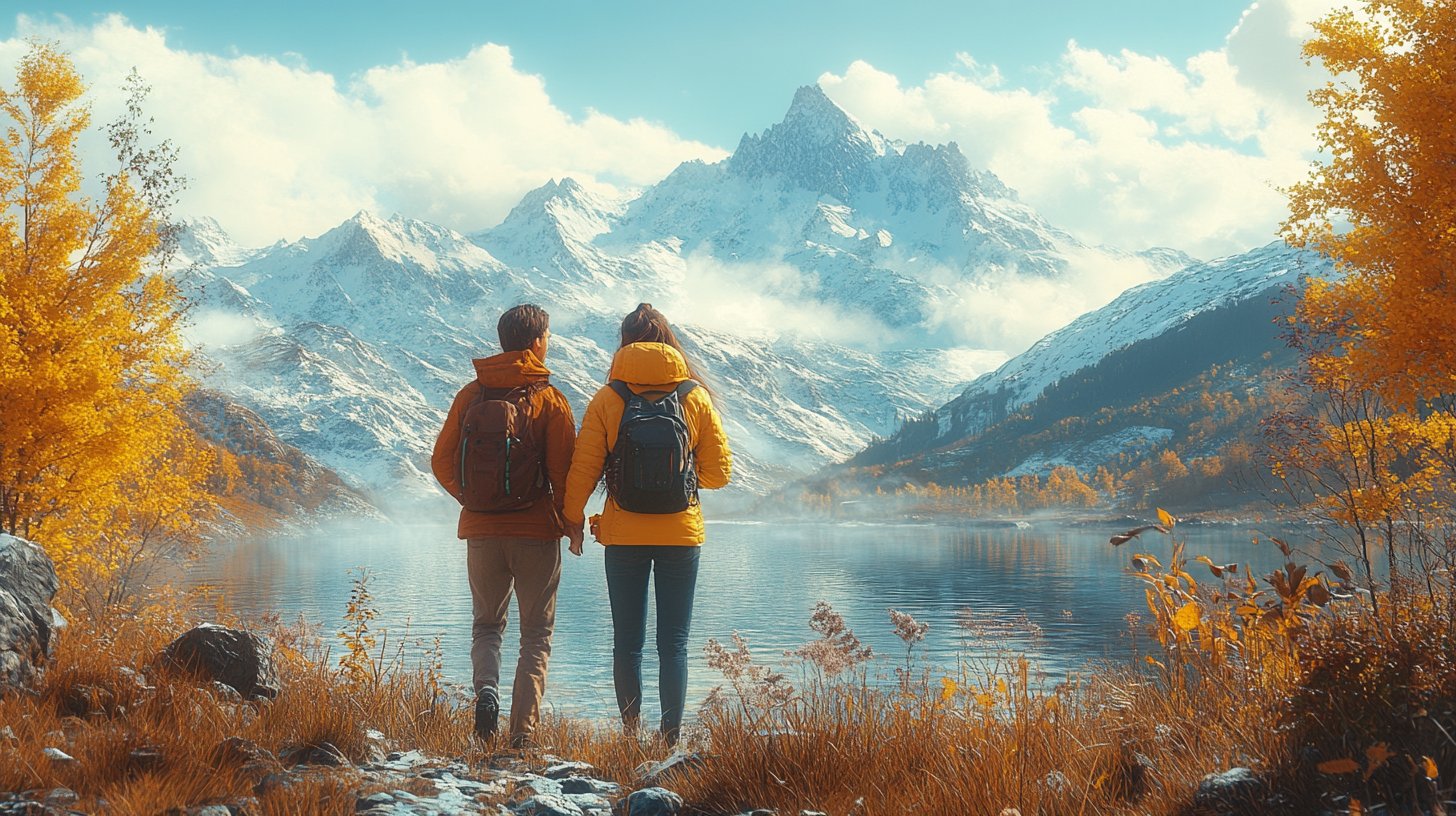 Una coppia esplora la natura insieme, ridendo e godendo di attività condivise.