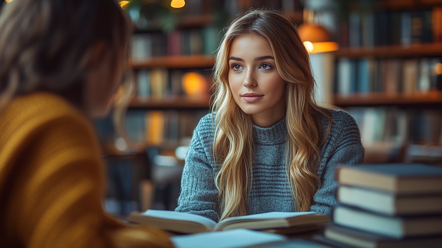 Due persone si impegnano in una discussione costruttiva con libri e un taccuino nelle vicinanze.