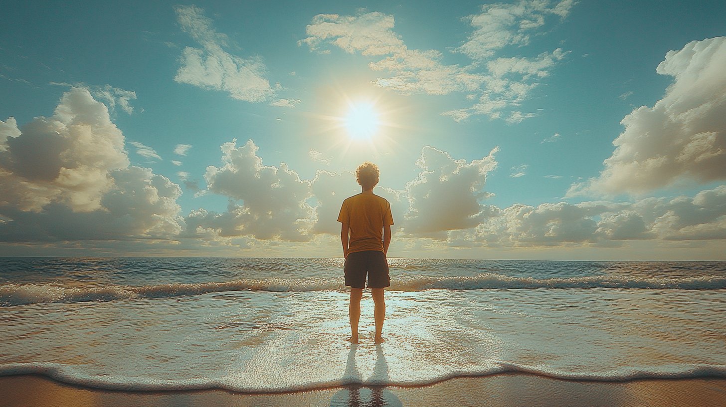 Eine Person am ruhigen Strand, die über ihr Glück nachdenkt.