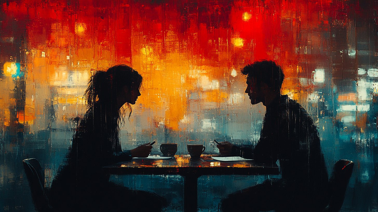 Zwei Figuren in einem gemütlichen Café, tief im Gespräch.