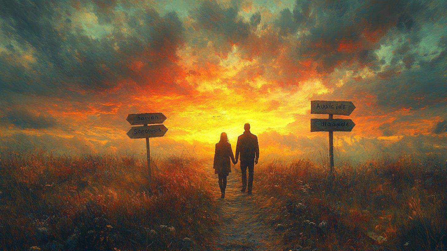 Ein Weg ins hellen Morgen, ein Paar geht Hand in Hand.