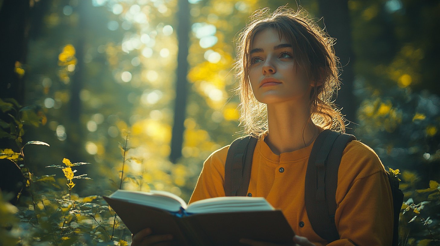 Un individuo reflexionando en silencio en la naturaleza.