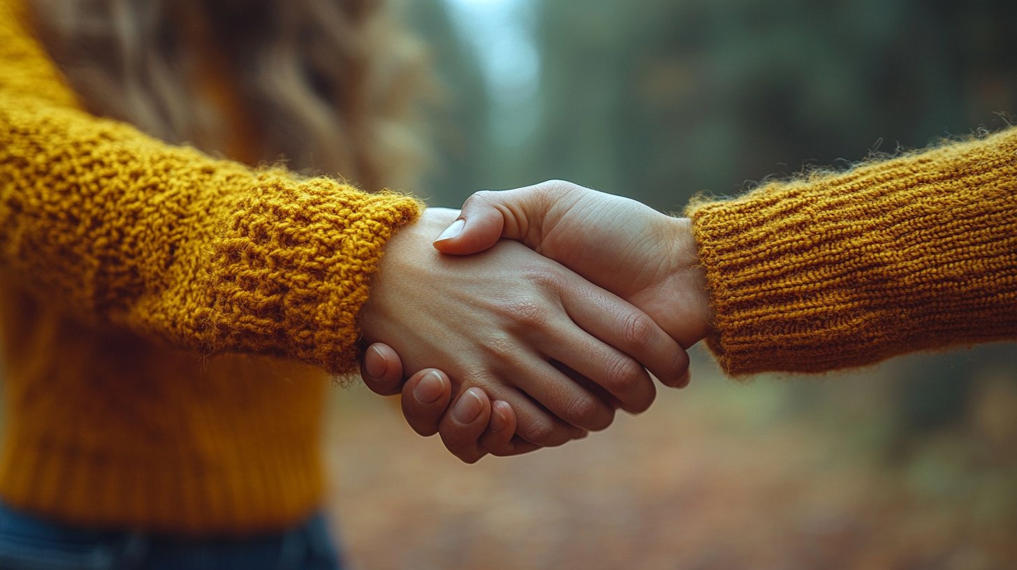 Nahaufnahme von zwei Personen, die mit offenen Armen kommunizieren.