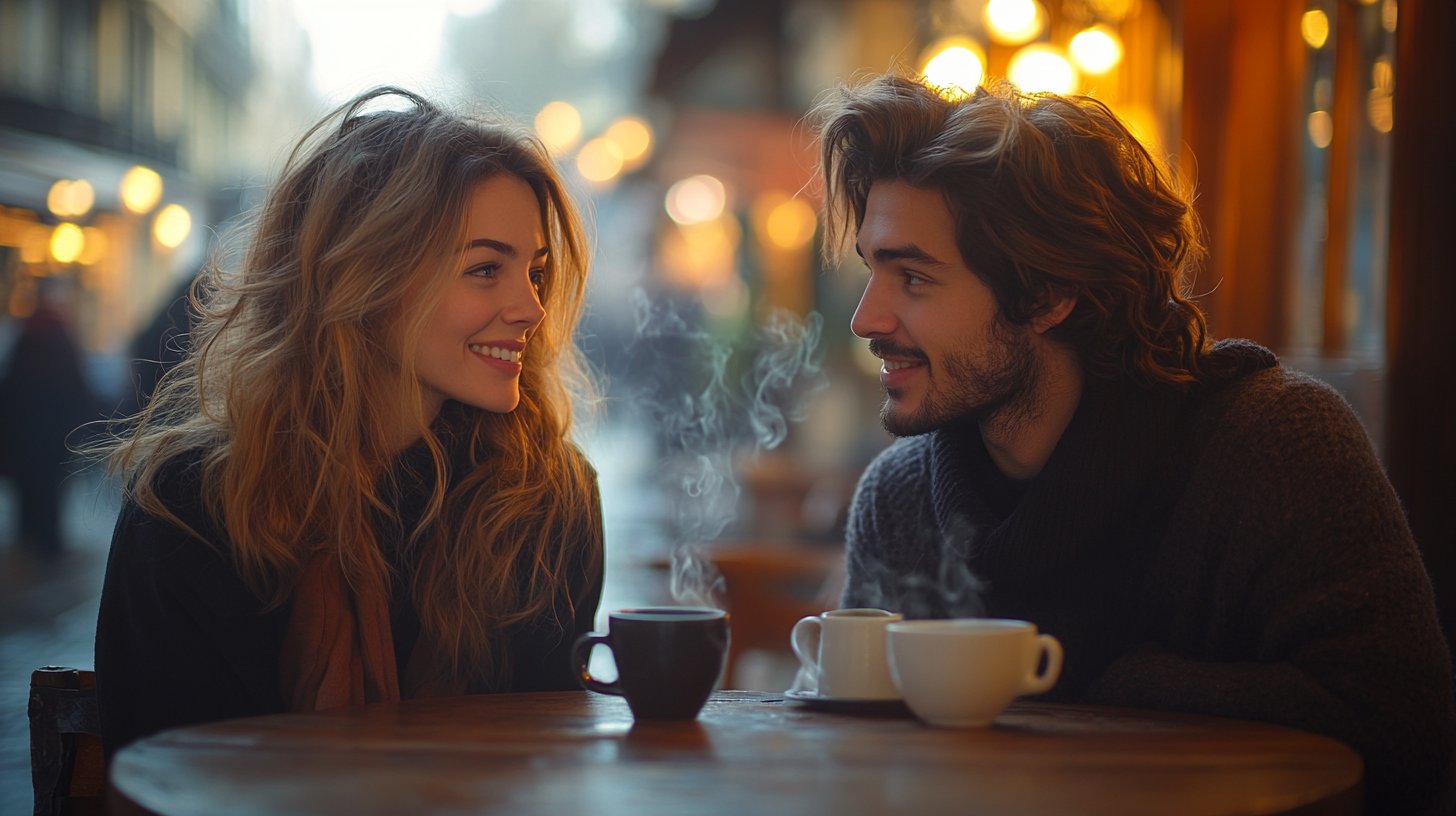 Gemütliches Café, wo zwei Menschen aufmerksam plaudern.