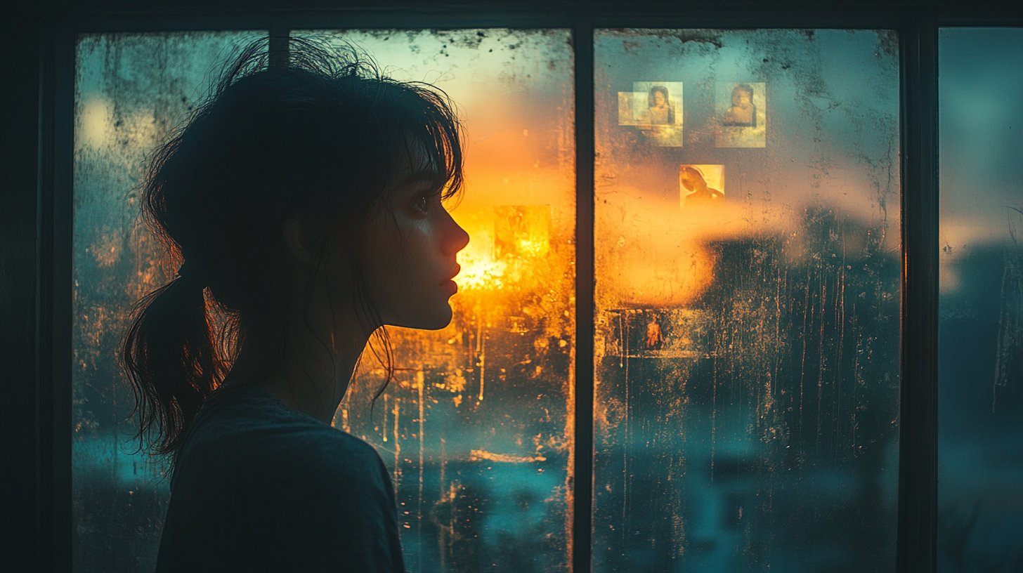 Eine Person blickt nachdenklich aus dem Fenster, Erinnerungen scheinen auf der Scheibe.