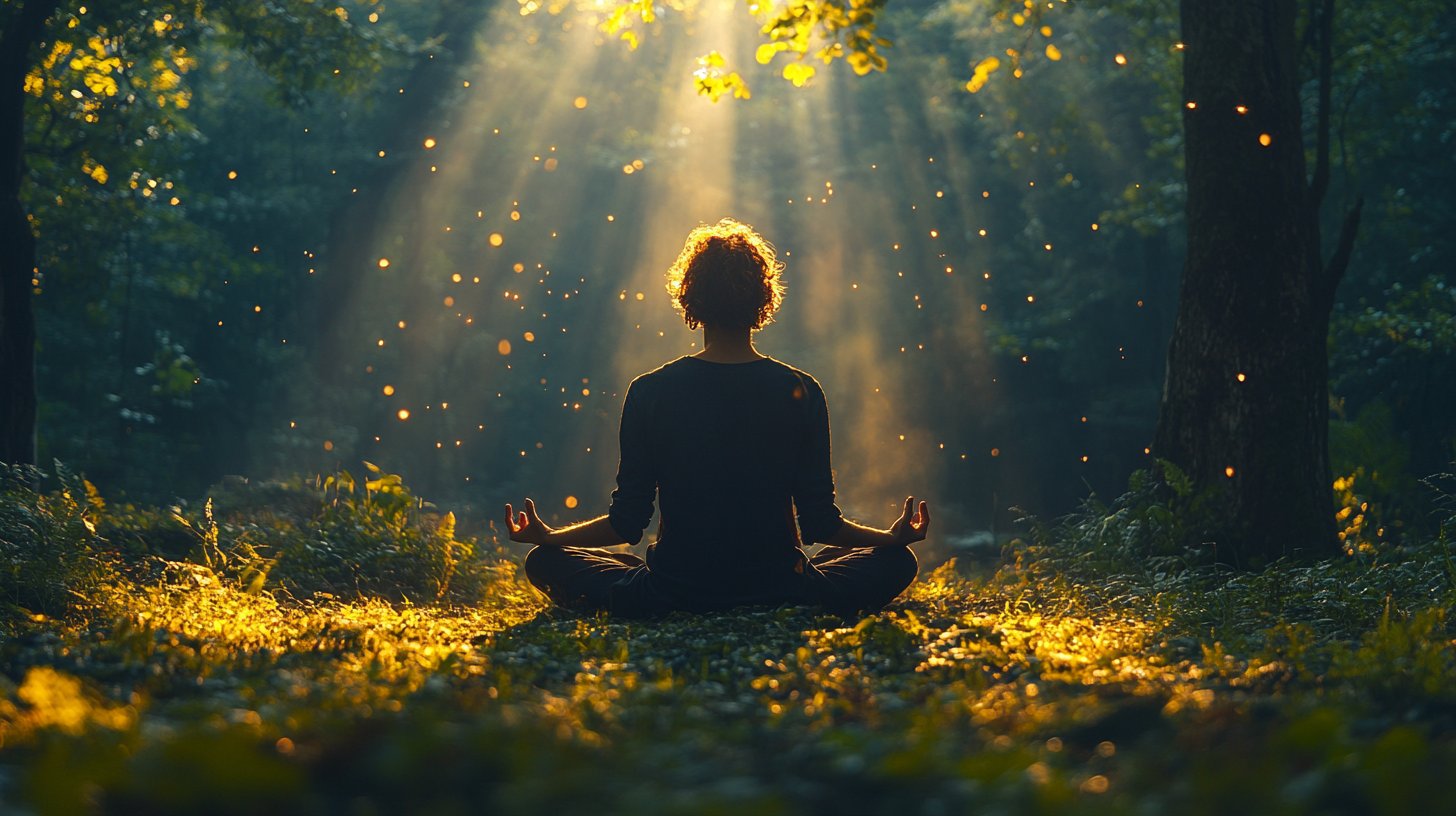 Eine Person meditiert friedlich im Wald.