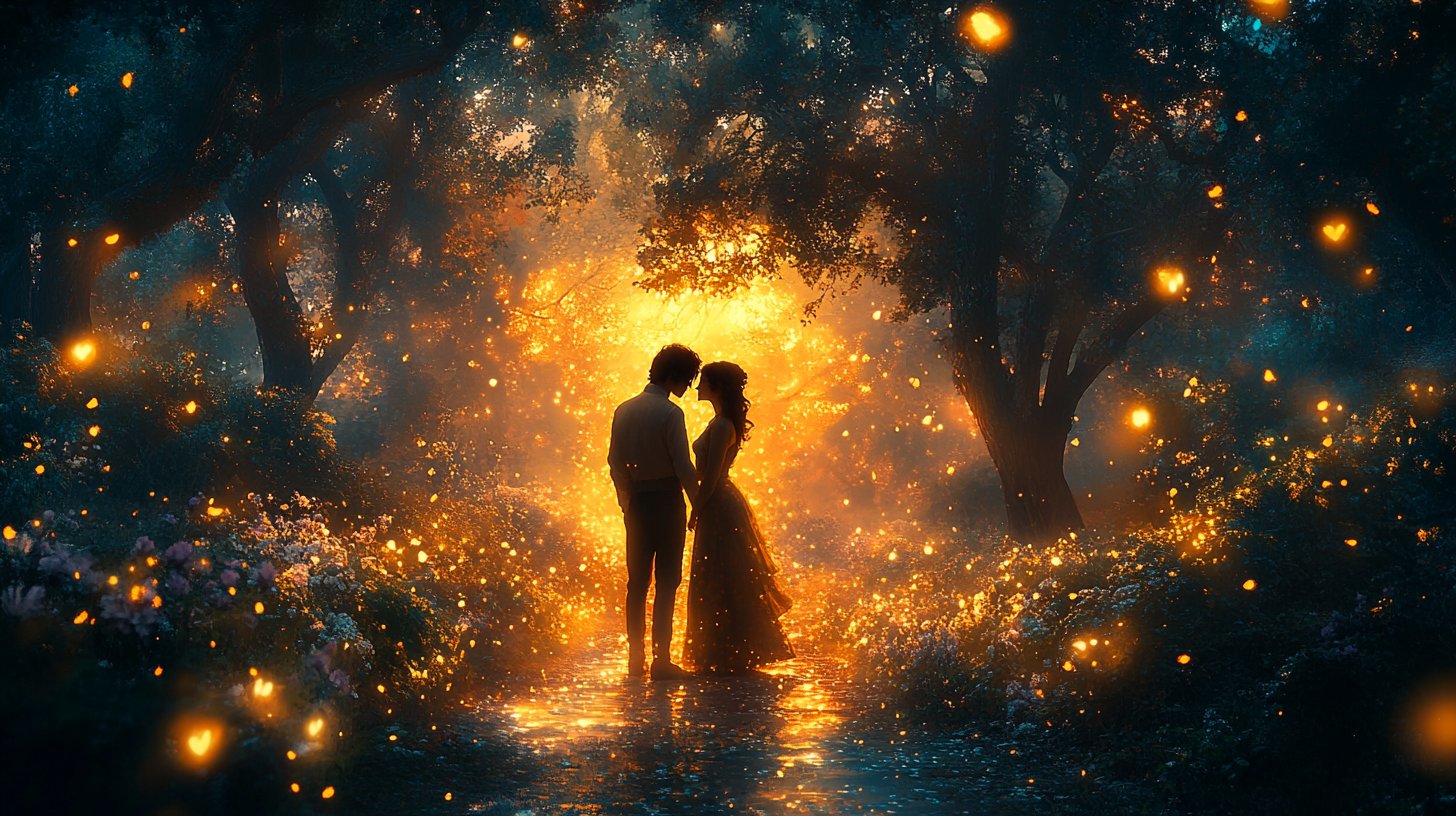 Amanti da favola in una foresta incantata.