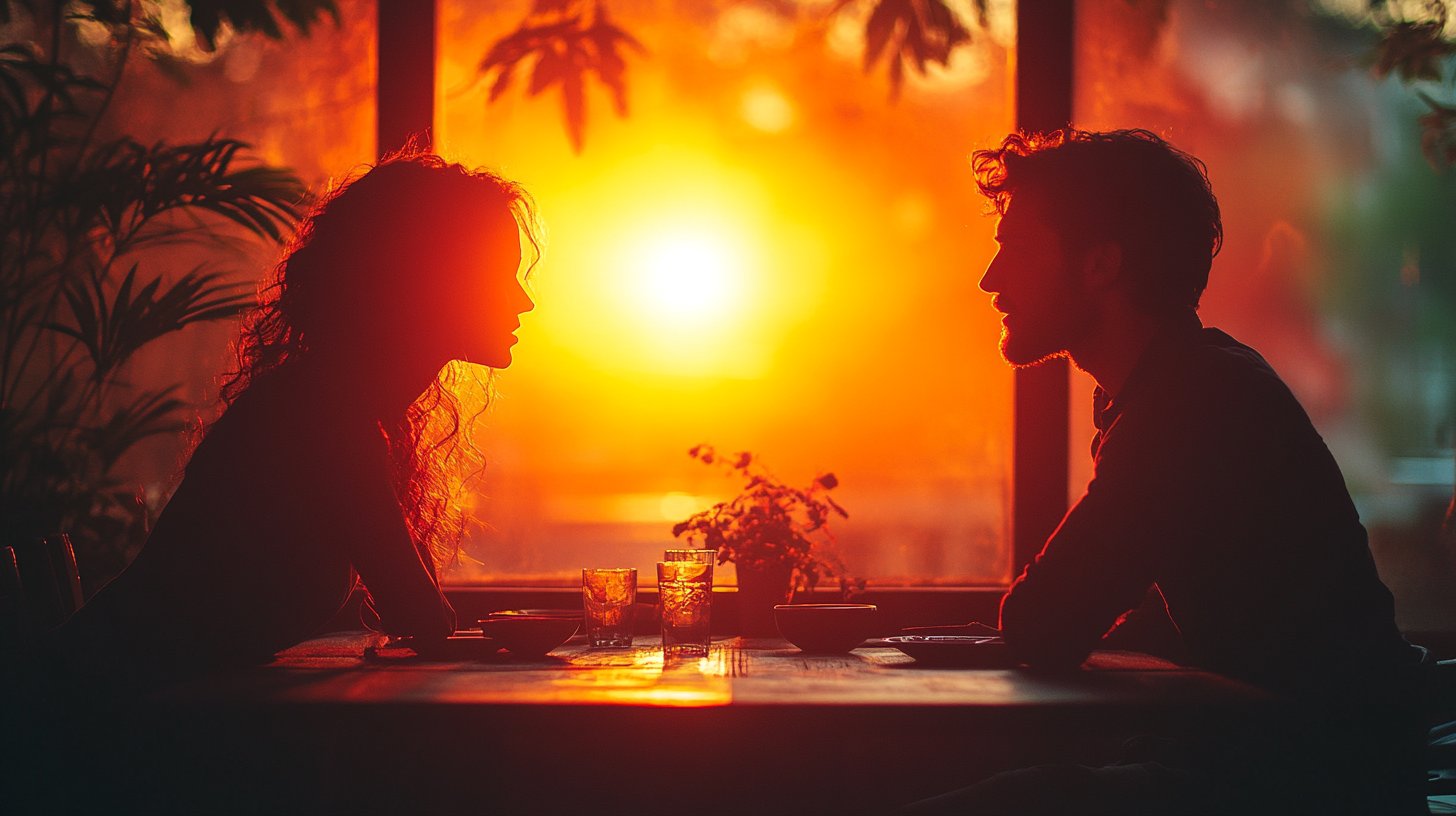 Un partenaire écrase l'autre à une table, la posture suggérant un comportement contrôlant.