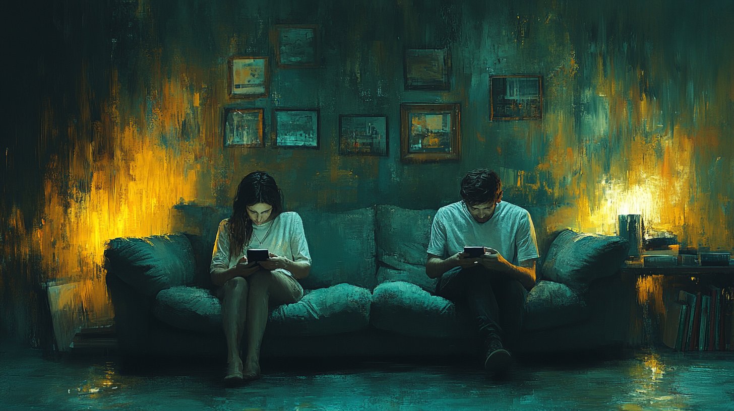 Ein Sofa mit zwei Personen, die voneinander entfernt sitzen und auf ihre Telefone schauen, verkörpert emotionale Distanz.