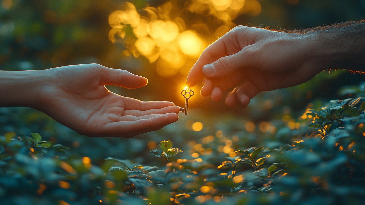 Two hands exchanging a small, shining key, symbolizing forgiveness.