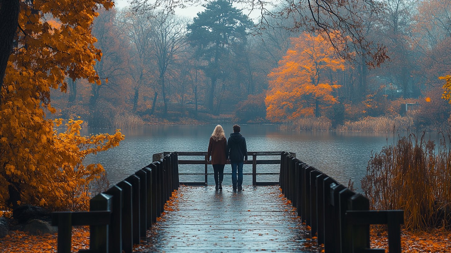 A transformed couple walking hand-in-hand on a bridge, symbolizing renewed understanding.