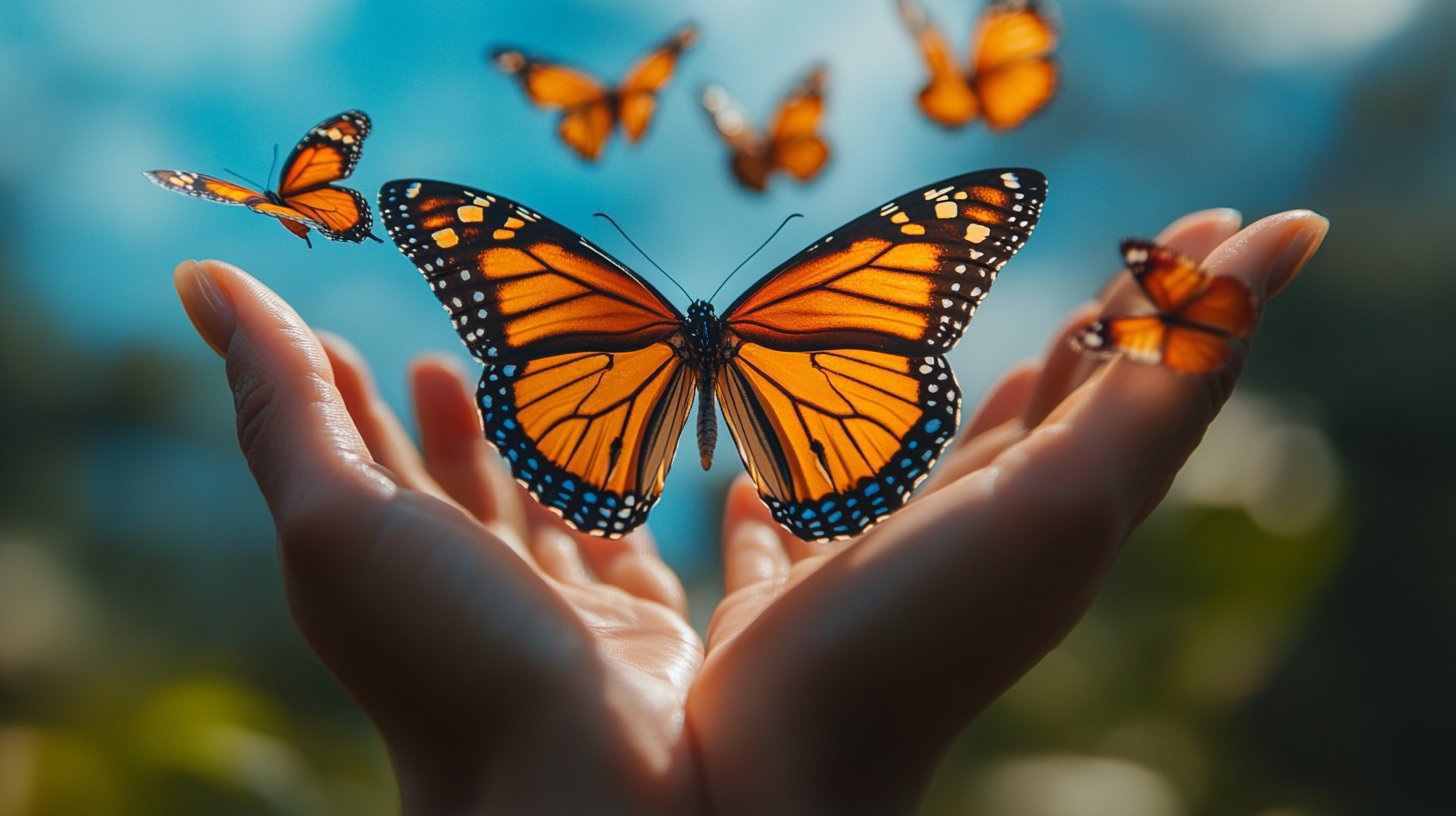 Offene Hände lassen bunte Schmetterlinge frei.
