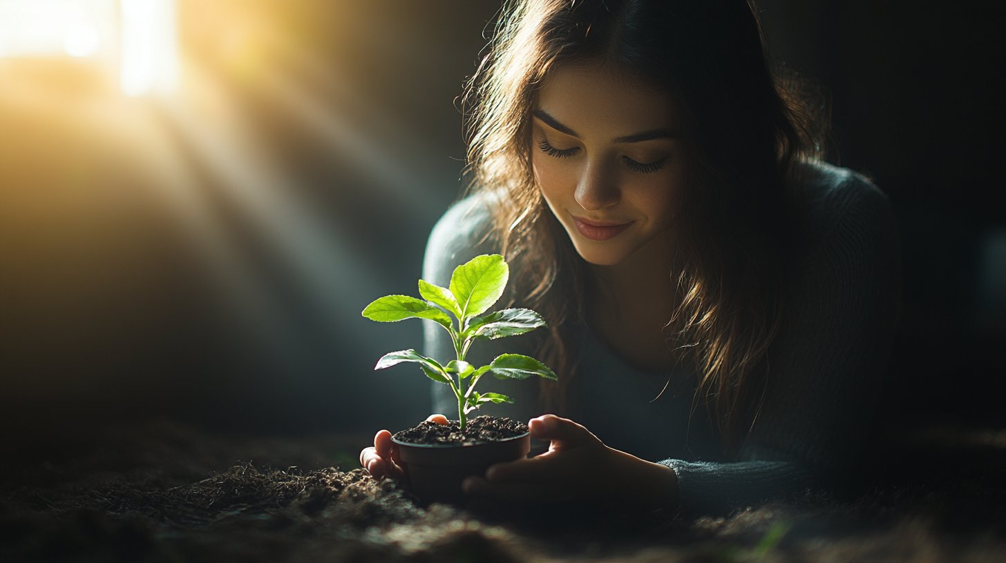 Ein Mensch pflegt eine Pflanze in warmem Licht.