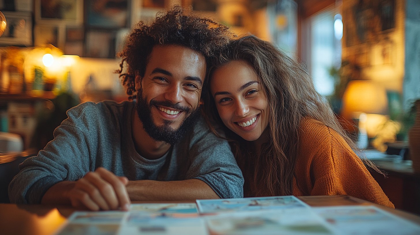 Ein Paar plant voller Freude seine Zukunft an einem Vision Board.