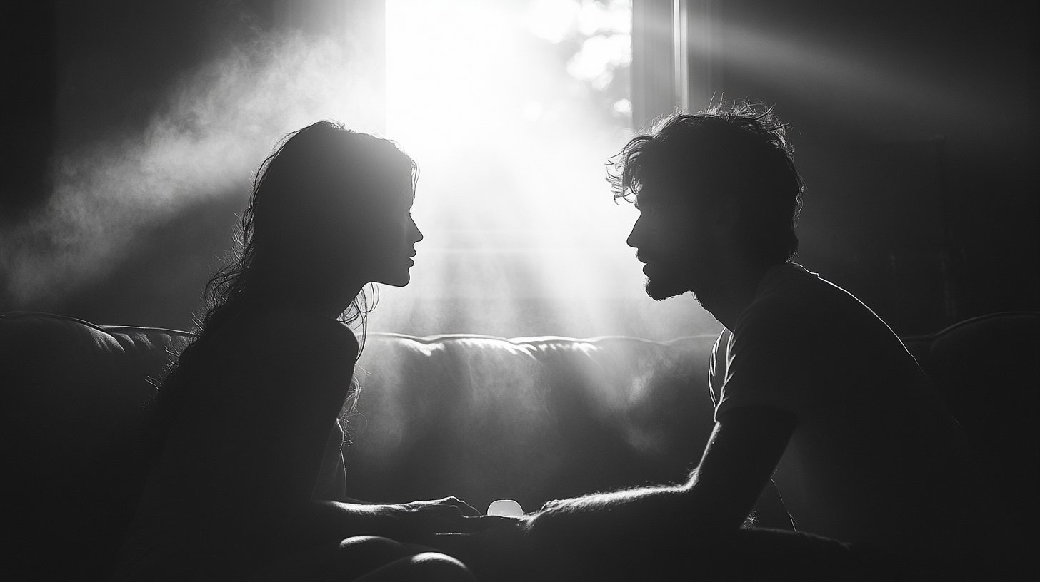 Deux silhouettes sont assises séparément sur un canapé, témoignant d'une distance émotionnelle.