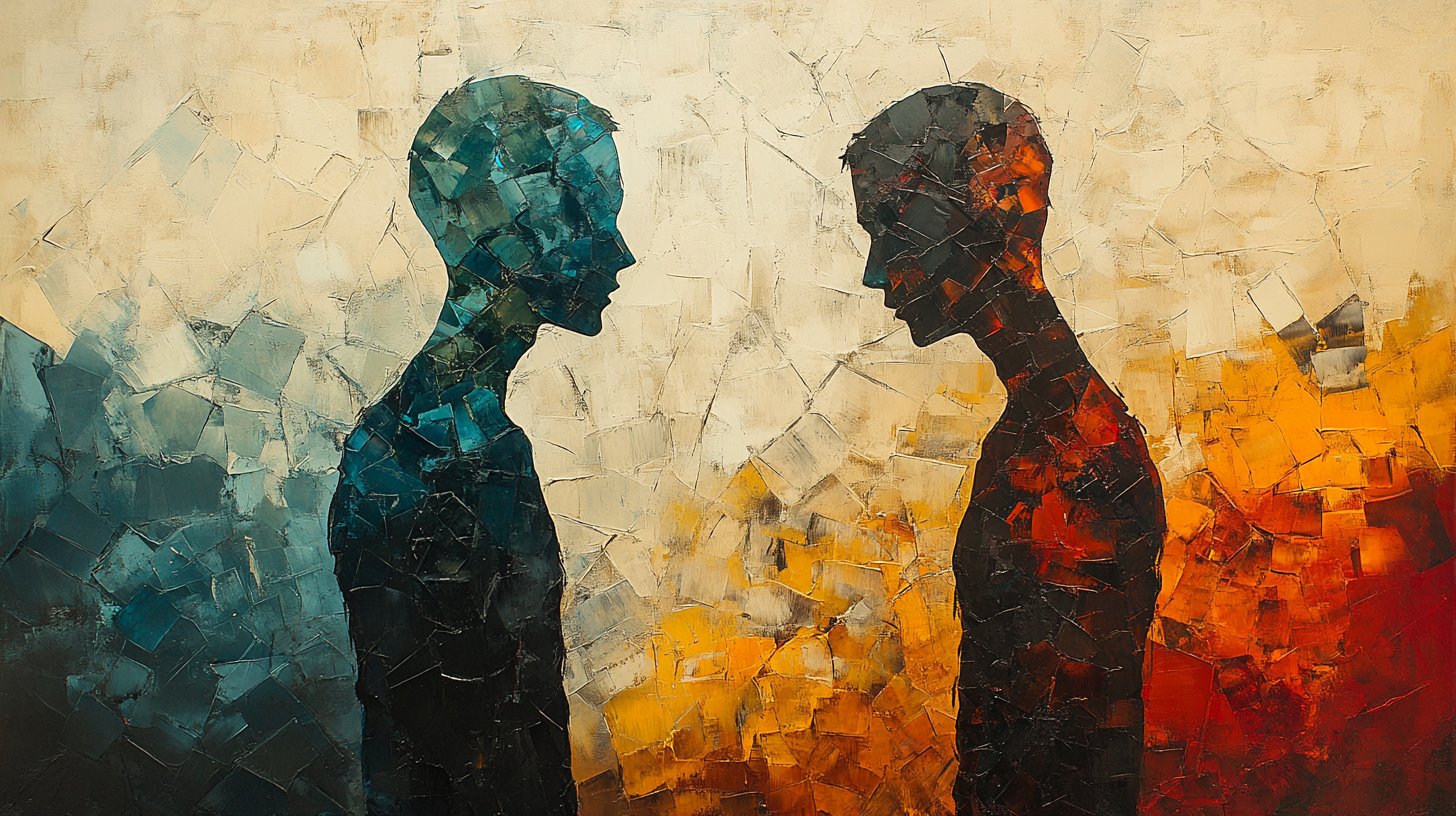 Deux figures ont une conversation tendue, révélant un désaccord.