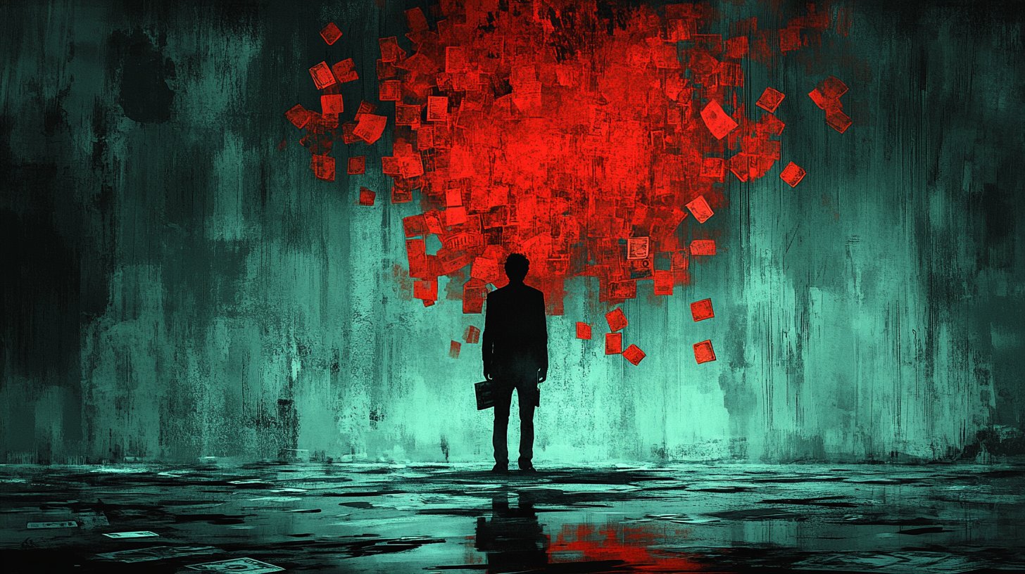 Illustrazione di sfruttamento finanziario con una figura appesantita e una relazione strappata.