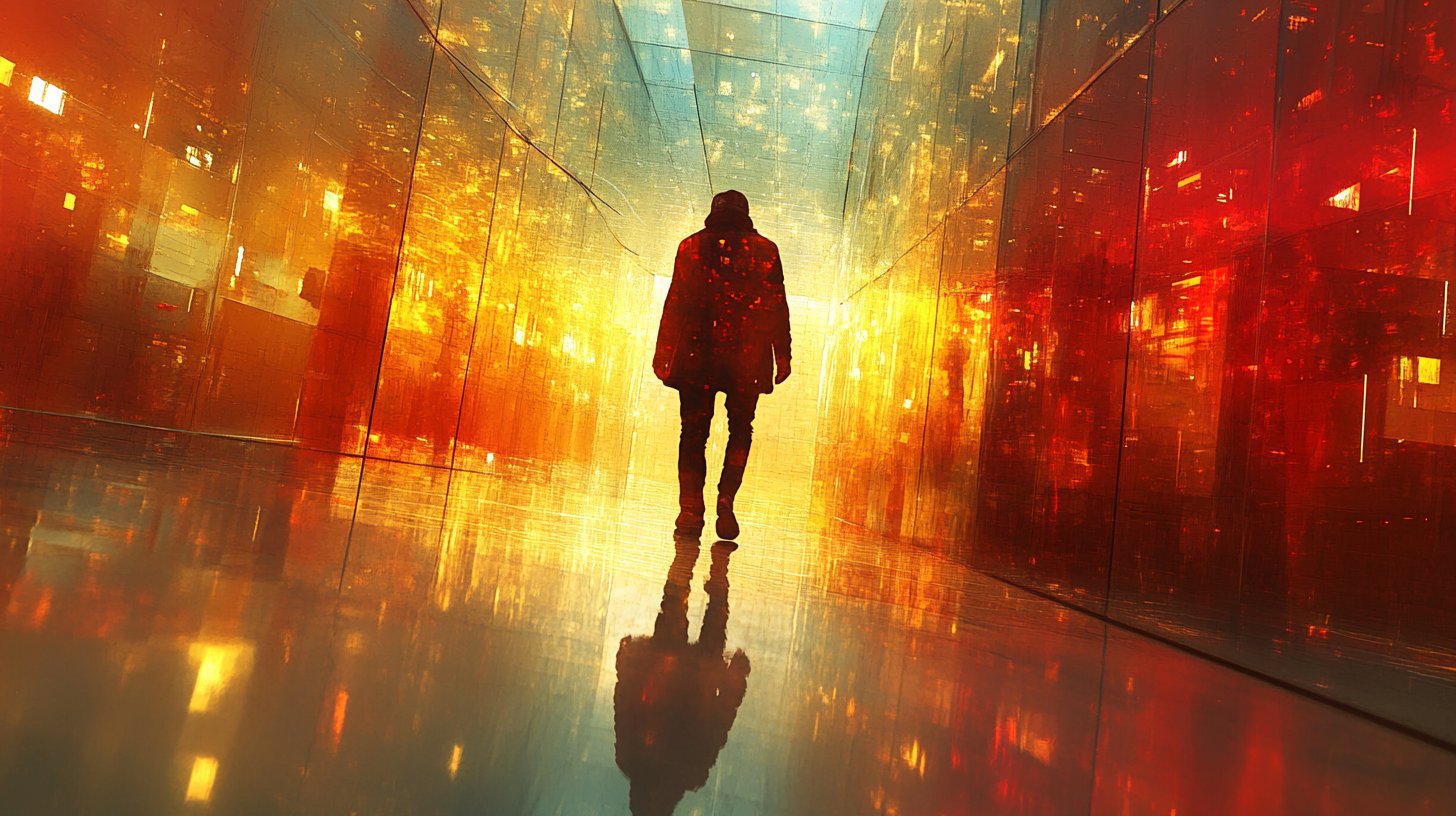 Eine Person gefangen in einem Labyrinth voller verzerrter Spiegel, die Zweifel widerspiegeln.